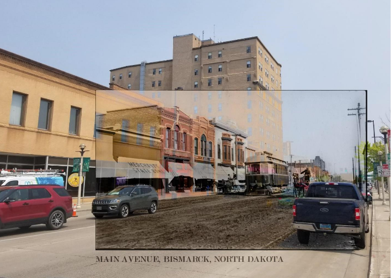 Photo of Bismarck Main Street current, merged with historical picture of Bismarck Main Street