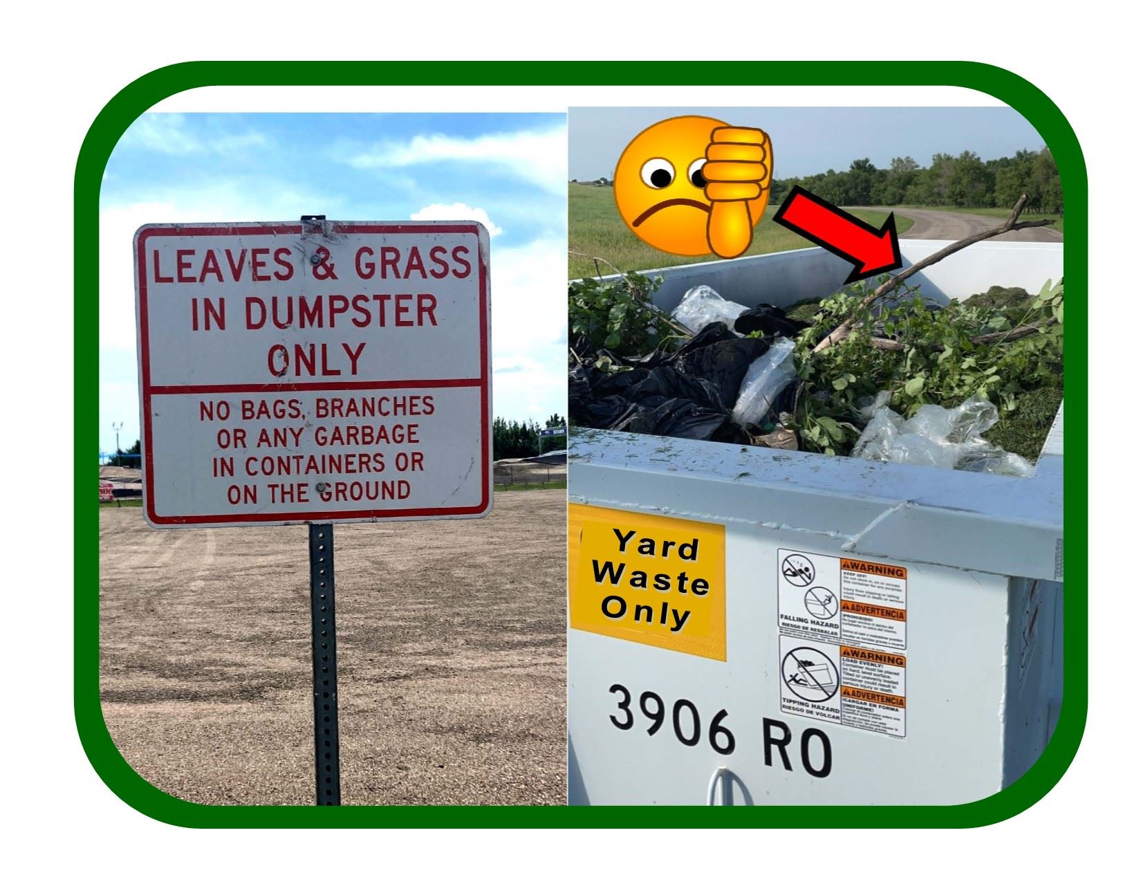 Branches and garbage in yard waste dumpster