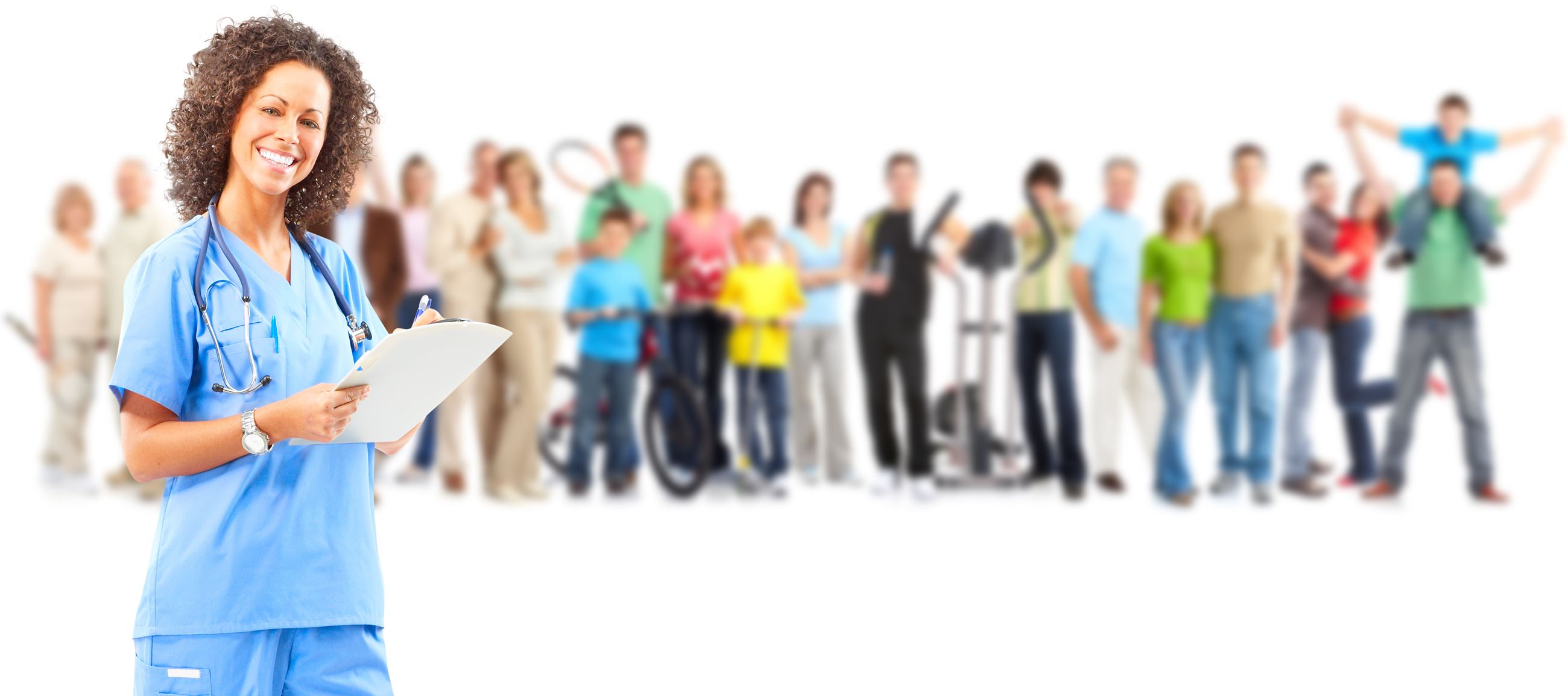 Nurse with clipboard standing in front of group of blurred families and patients.