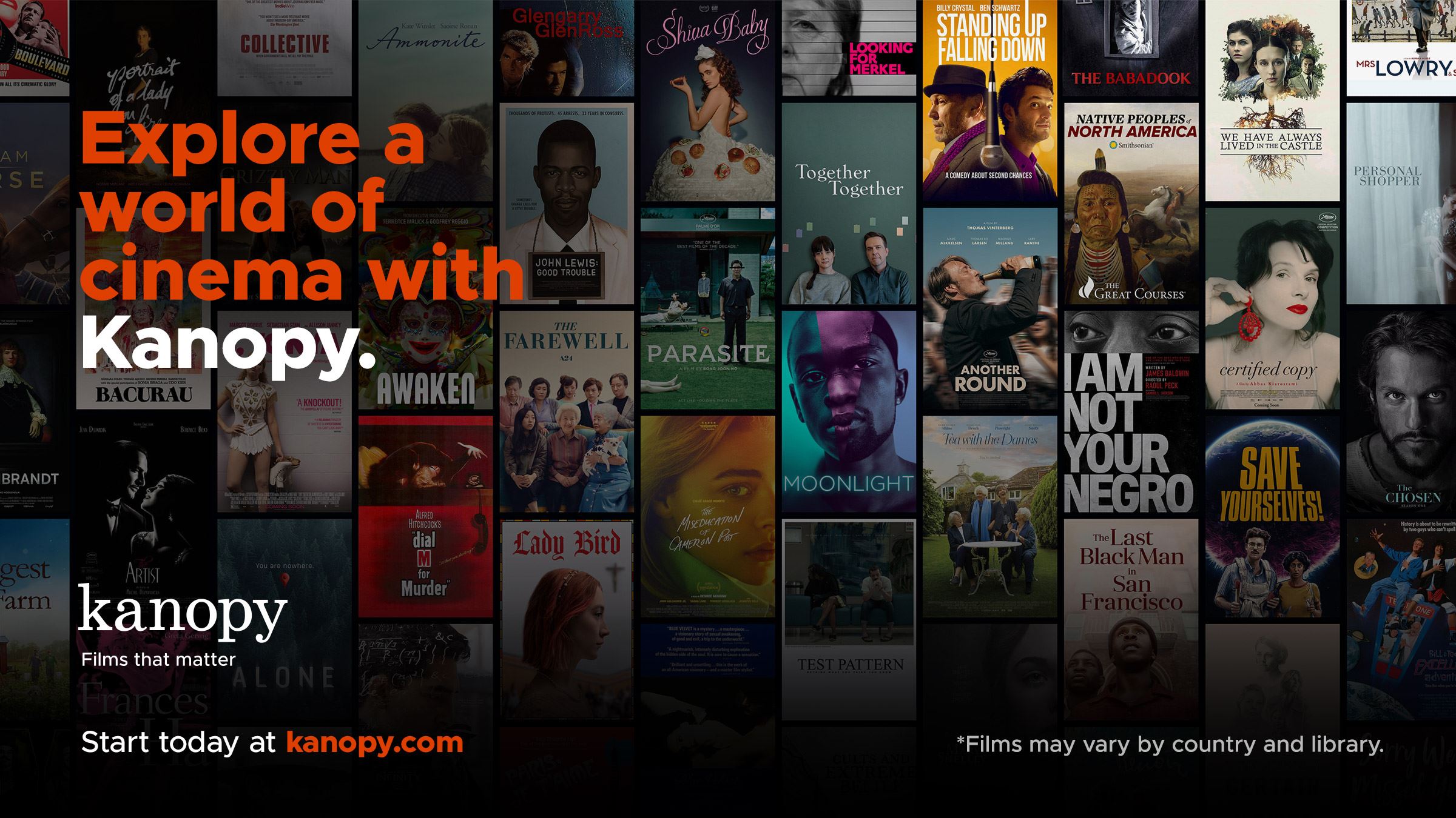 Explore a world of cinema with Kanopy with movie promo images