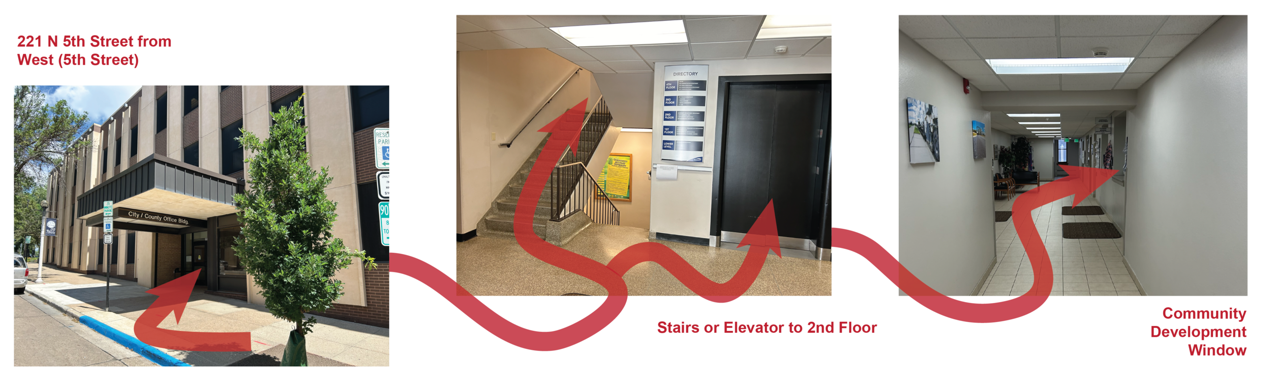Entrance from 5th street, up to the second floor, and to the Community Development window