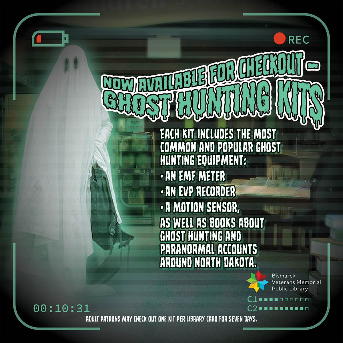 Ghost hunting kits available for checkout at Bismarck Veterans Memorial Public Library.