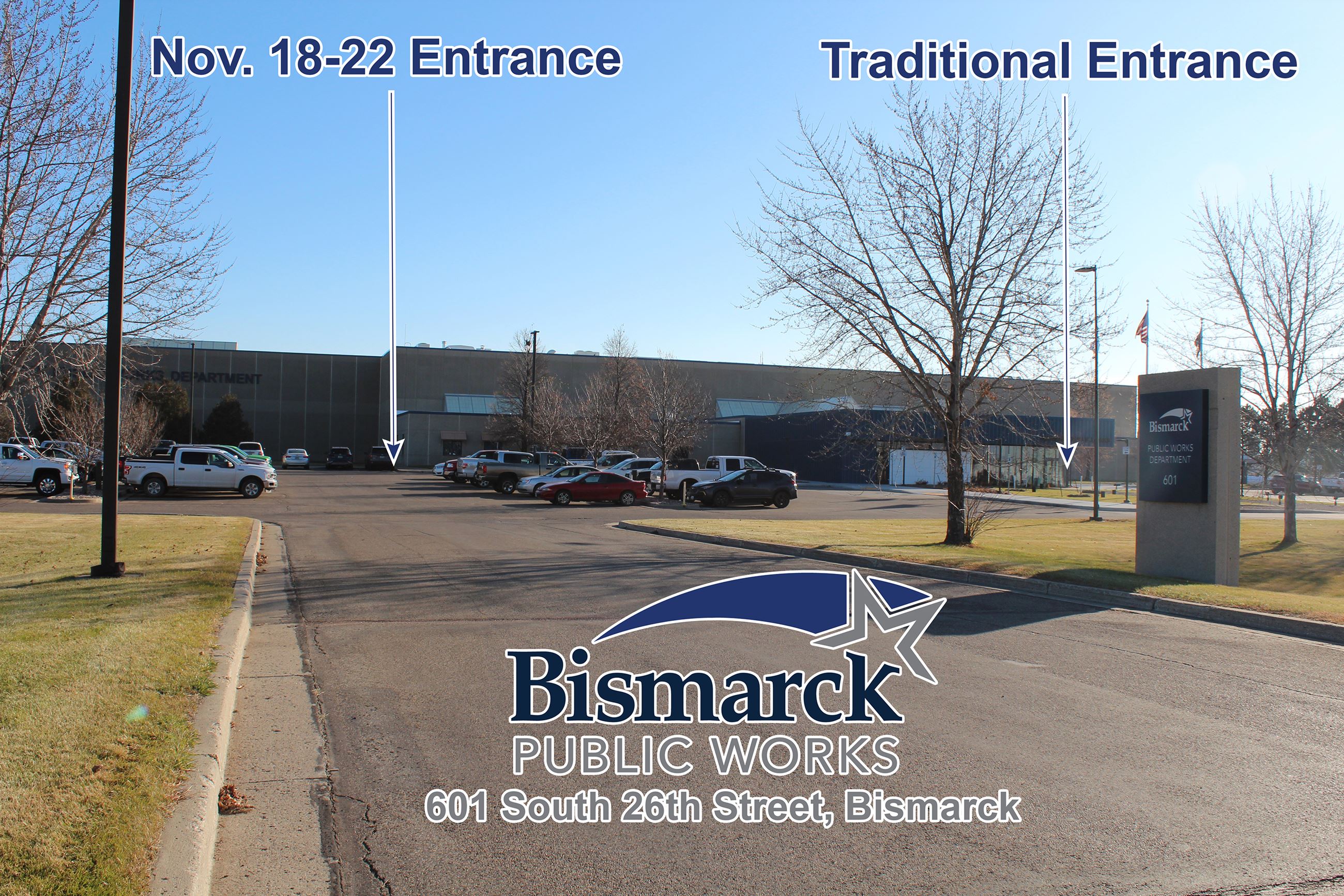 The Public Works public entrance will shift from the SW to NW corner from November 18-22, 2024.