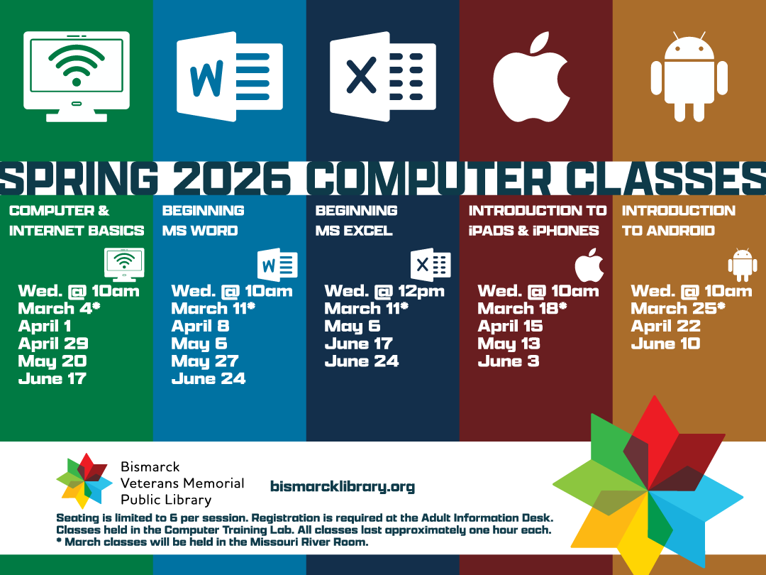 Spring 2026 Computer Classes, Wednesdays from March 4, through June 24, 2025