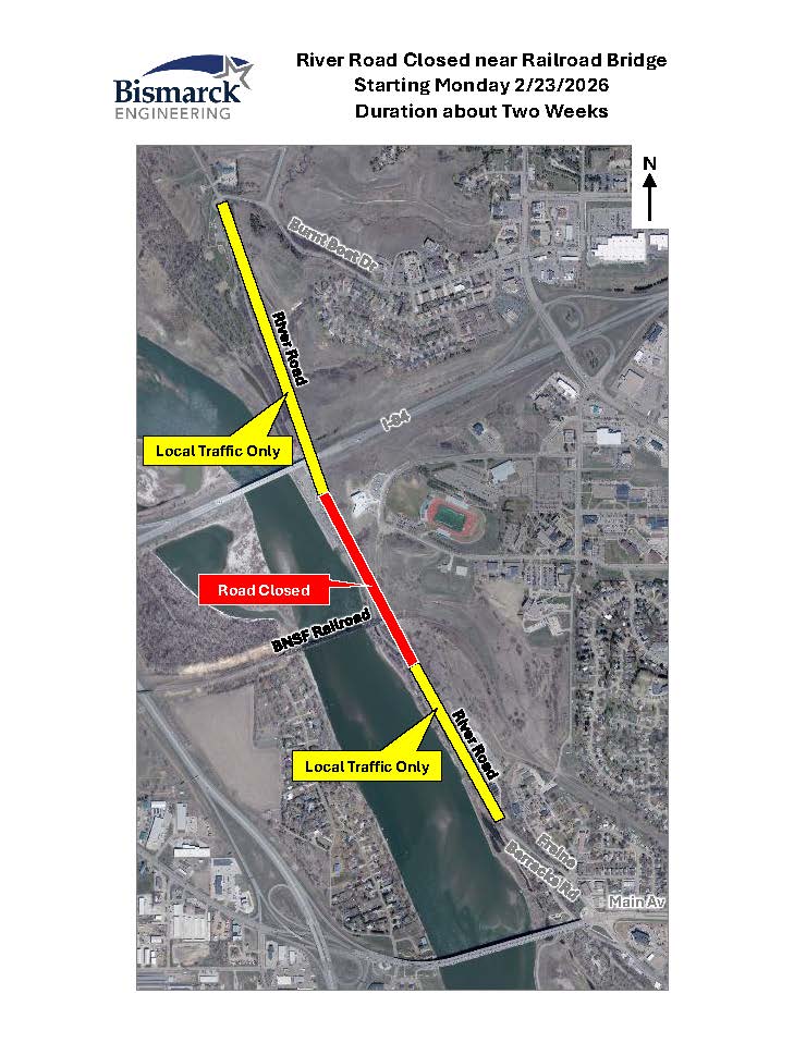 River Road Closure near Railroad Bridge map.