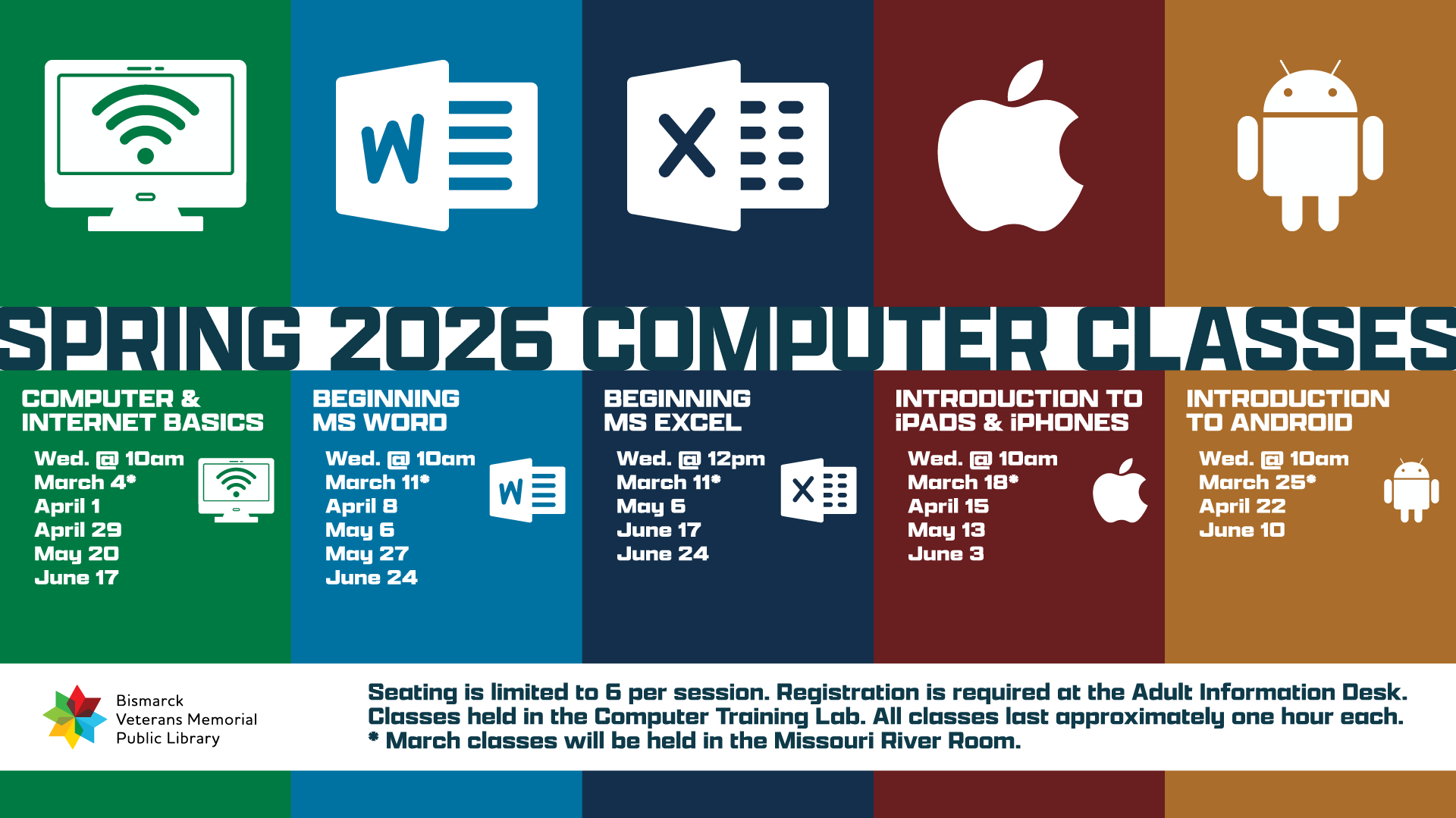 Spring 2026 Computer Classes, Wednesdays from March 4, through June 24, 2025